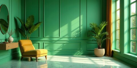 Fototapeta premium Sunlit Interior Design Featuring a Mustard Yellow Lounge Chair and Lush Greenery Against a Vibrant Emerald Green Wall