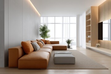 Bright modern apartment living room featuring couch and tv with large and sleek furniture design