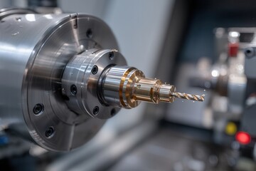Close-up of a CNC machine drilling a precision metal part in an industrial setting.