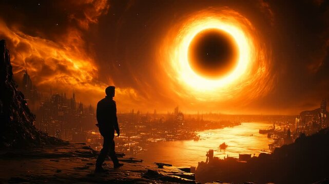 A Dramatic and Striking View of a Fiery Black Hole Powerfully Looming Over a Dystopian Urban Cityscape Below