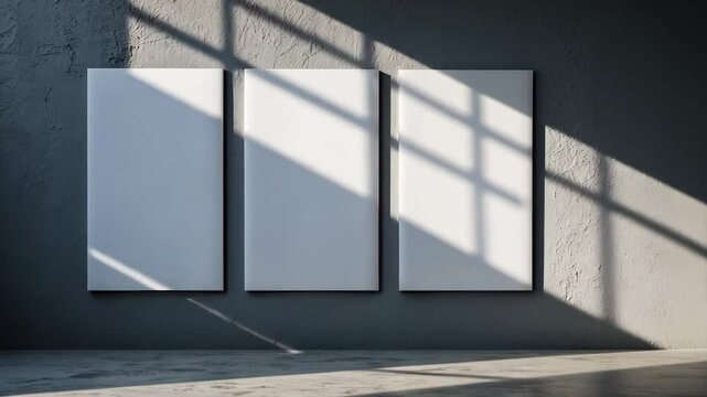 Three empty white vertical A4 rectangle poster or business card mockups showcasing shadows on a wall. Overhead flat lay perspective. Suitable for advertising, branding design, and stationery
