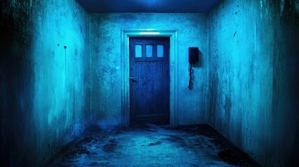 A dimly lit hallway leads toward a closed wooden door