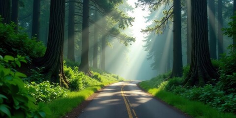 Fototapeta premium Sunlit Path Through a Verdant Forest, Winding Road Ahead, Lush Greenery and Tall Trees, Tranquil Scene of Nature's Beauty