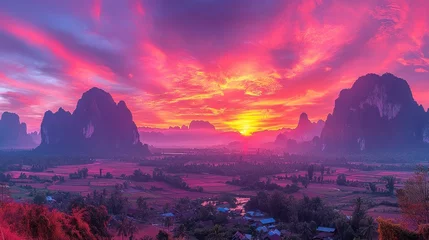 Fototapete Rund Vibrant Sunset over Karst Mountains in Vang Vieng, Laos © novitasary