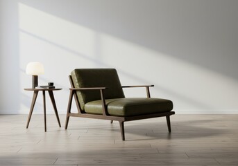An olive green leather armchair sits beside a small side table and a lamp in a bright, airy living space.