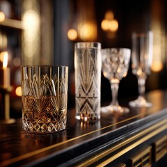 Close-up of a single glass on a bar counter evoking the spirit of the 1920s speakeasy with classic cocktails