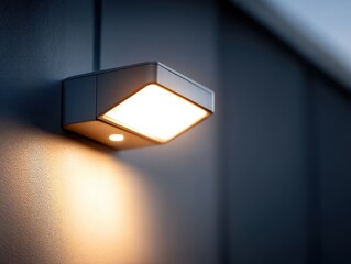 Close-up of a modern floodlight with motion sensor illuminating a wall in a contemporary setting at night