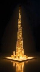 Golden Skyscraper Model on Black Background