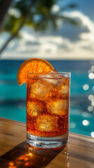 Enjoying a refreshing Americano cocktail by the ocean at sunset with vibrant colors and tropical vibes