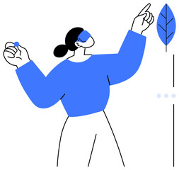 Woman in bold blue outfit holding a small sphere and pointing at a stylized vertical leaf. Ideal for innovation, design, growth, environmental awareness, creativity, mindfulness, and education. Clean