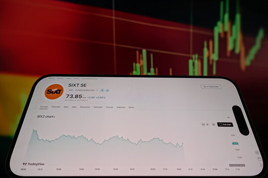 Kiel, SH, Germany, 10 Apr 2025: Smartphone displays the SIXT SE stock chart with trends against a backdrop of the German flag, illustrating market performance
