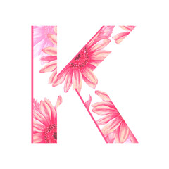 Graphic Alphabet Letter with Watercolor Sunflower Print. Hand drawn watercolor alphabet letter K with sunflowers in unusual color. Wedding, birthday, baby shower design, creative ideas