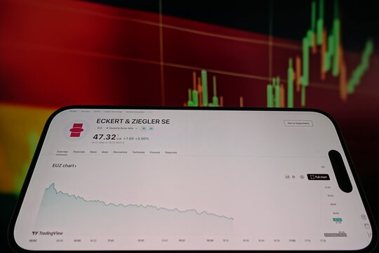 Kiel, SH, Germany, 10 Apr 2025: A smartphone displays the ECKERT & ZIEGLER SE stock chart showing a downward trend against a backdrop of market analysis