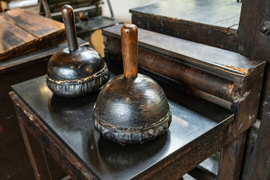 Ink balls for wooden printing press, 1701-1800.Ink ball, forms part of the wooden printing press.