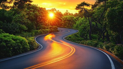 Sunset Road Trip: Winding Asphalt Path Through Lush Green Forest at Golden Hour