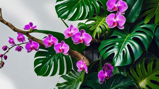 Floral arrangement with tropical vibes showcasing plant bushes, tropical leaves, and orchids decor on a tree branch, against a white backdrop.