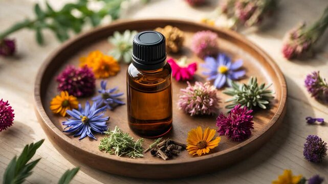 Vibrant medicinal herb plants displayed on a wooden platter, alongside a bottle of essential oil extract, seen from above. Herbal pharmacy.