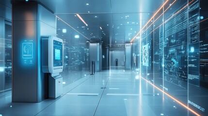 Futuristic interior of a technological hallway with data displays