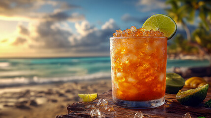 Canchanchara cocktail served in a rustic glass against a tropical beach backdrop during sunset