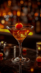 Elegant cocktail served in a crystal glass sits on a dark surface surrounded by warm bar lights and soft reflections