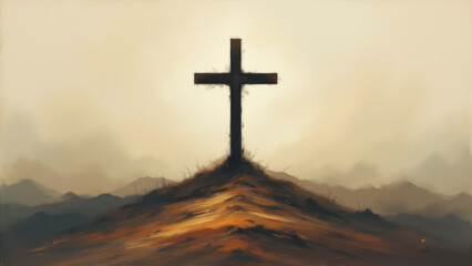 Obraz premium A striking cross art piece set against a barren landscape, evoking Christian symbolism.