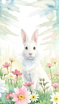 Cute white easter bunny in a field surrounded by flowers, watercolor style