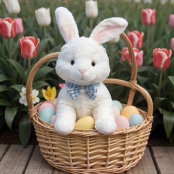 A stuffed bunny sitting in a lightly colored woven basket, surrounded by colored easter eggs. The basket is surrounded by various flowers.