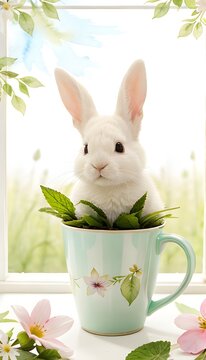 A small white bunny sitting in a green mug with flowers on it, small pink flowers loiter the windowsill.
