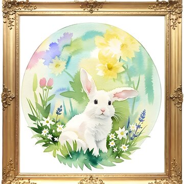 Cute white easter bunny in a field surrounded by flowers, watercolor style