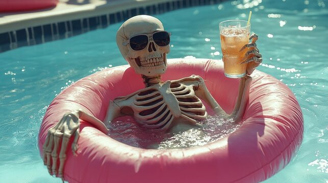 spooky skeleton lounging on pink pool float with cocktail for a fun summerween halloween celebration