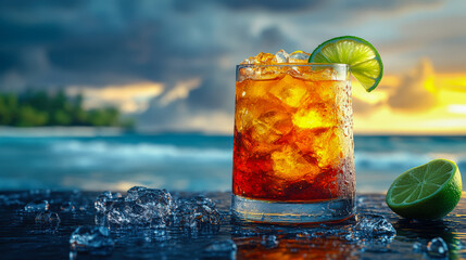 Dark n Stormy cocktail on a beach at sunset with vibrant colors and dramatic clouds in the background