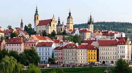 Obraz premium Colorful European Cityscape With Historic Buildings And Red Roofs