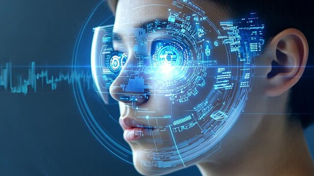 Visionary in the digital realm: A person with a futuristic headset, bathed in the ethereal glow of data streams and technological innovation. Witnessing the dawn of an augmented reality experience.