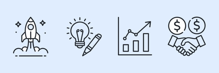Business startup icon set with rocket, growth chart, and handshake &ndash; Ideal for entrepreneurship promotions, venture funding, or leadership guides