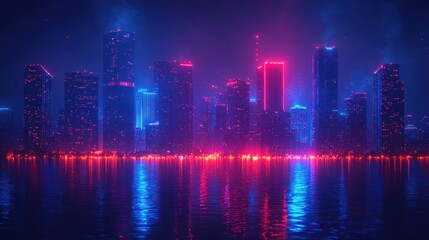 Neon Cityscape at Night: Vibrant Reflections on Calm Waters