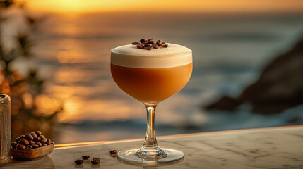Delicious espresso martini served in a beautiful setting at sunset over the ocean
