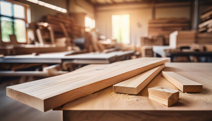 Una carpintería con una mesa de trabajo con tablas y tablones de madera cortados para bricolaje, decoración, mobiliario o proyectos sostenibles y producción artesanal