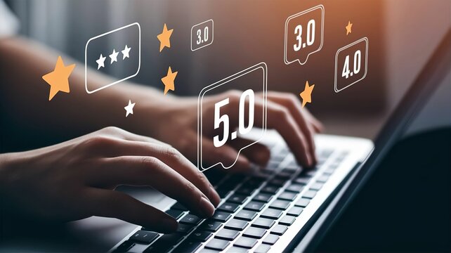 shows a person typing on a laptop keyboard with star ratings and numerical values floating above the hands, indicating customer or service reviews with a focus on a perfect 5.0 rating.
