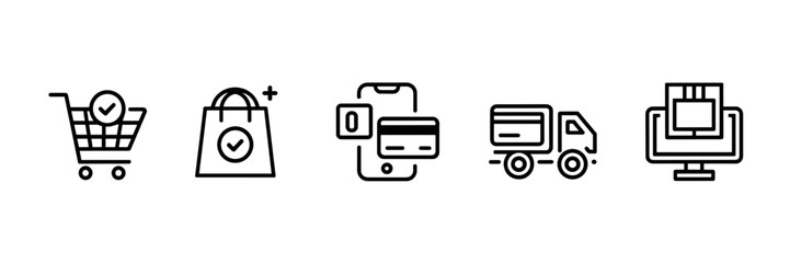 Vector line icons of digital shopping and transaction tools – Great for mobile apps, fintech branding, or e-commerce content.