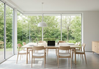 A well-lit, contemporary dining room with a large wooden table and chairs near a window.