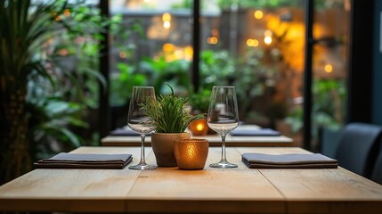 Minimalist wooden table with soft abstract bokeh, warm and inviting ambiance