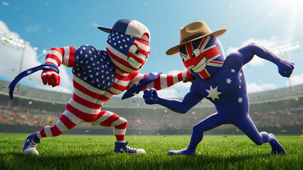 America vs Australia flag character fight
