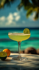 Refreshing cocktail served in a stylish glass against a beautiful beach backdrop with tropical fruit