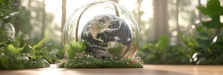 Earth in glass dome surrounded by greenery, symbolizes environmental protection, Earth Day concept