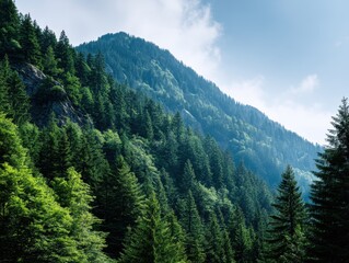 Fototapeta premium Serene forest landscape featuring a majestic mountain rising in the background amidst lush green vegetation and trees