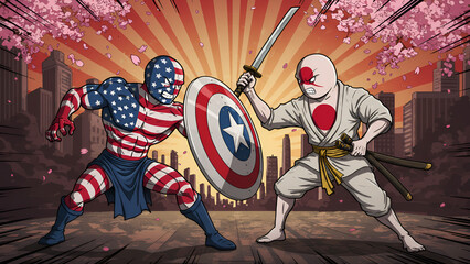 America vs Japan flag character fight