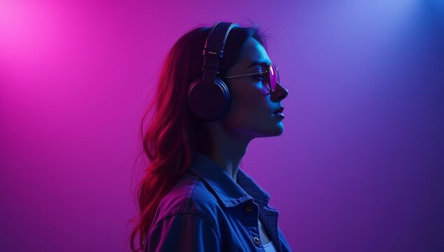 Hipster igen teen pretty fashion girl model wear stylish glasses headphones enjoy listen new cool music mix stand at purple studio background in trendy 80s 90s club blue party light, profile view