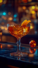 Elegant martinez cocktail served in a crystal glass with orange peel garnish in a stylish bar setting