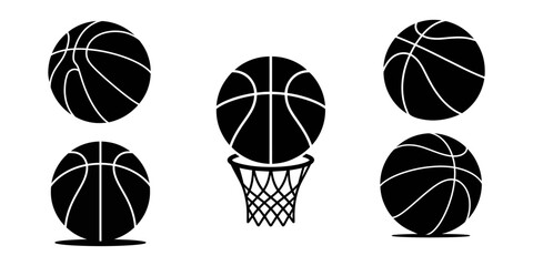 Basketball icons collection in black and blue colors on white background, Vintage Style Basketball Vector Illustration, solid black silhouette of a basketball vector on a white background, Black.