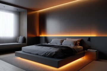 Contemporary dark bedroom featuring a cozy bed and window with warm ambient light creating a relaxing atmosphere